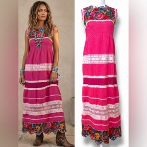 Mia Boutique Vintage 70s Mexican Wedding Dress Pink Embroidered Boho Hippie Maxi
